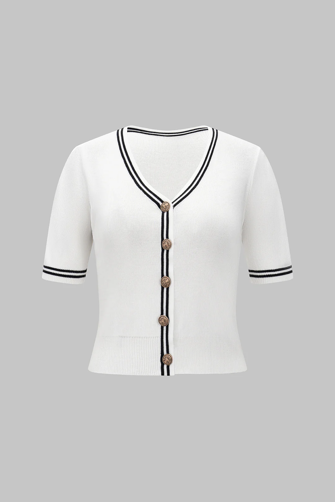 Knit V-Neck Contrast Binding Short-Sleeve Top - Weenar
