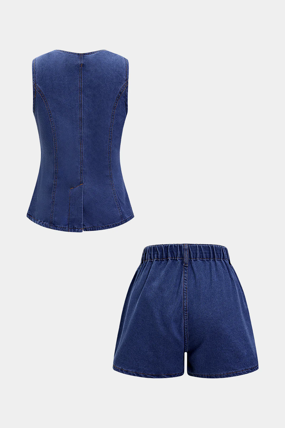 Denim Round Neck Button Sleeveless Top And High Waist Pocket Shorts Set - Weenar