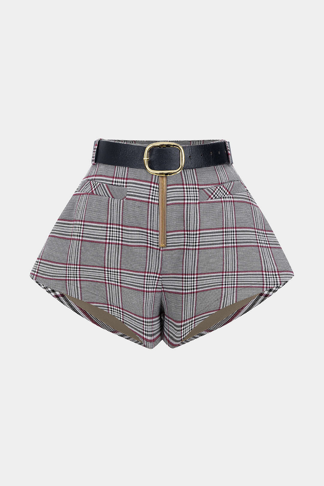 Plaid Print Belted Zipper Shorts - Weenar