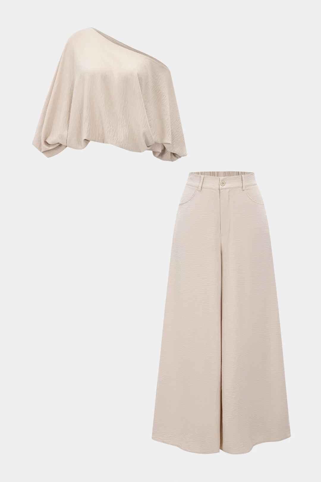 Asymmetrical Neck Ruched Lantern Sleeve Top And Wide Leg Trousers Set - Weenar