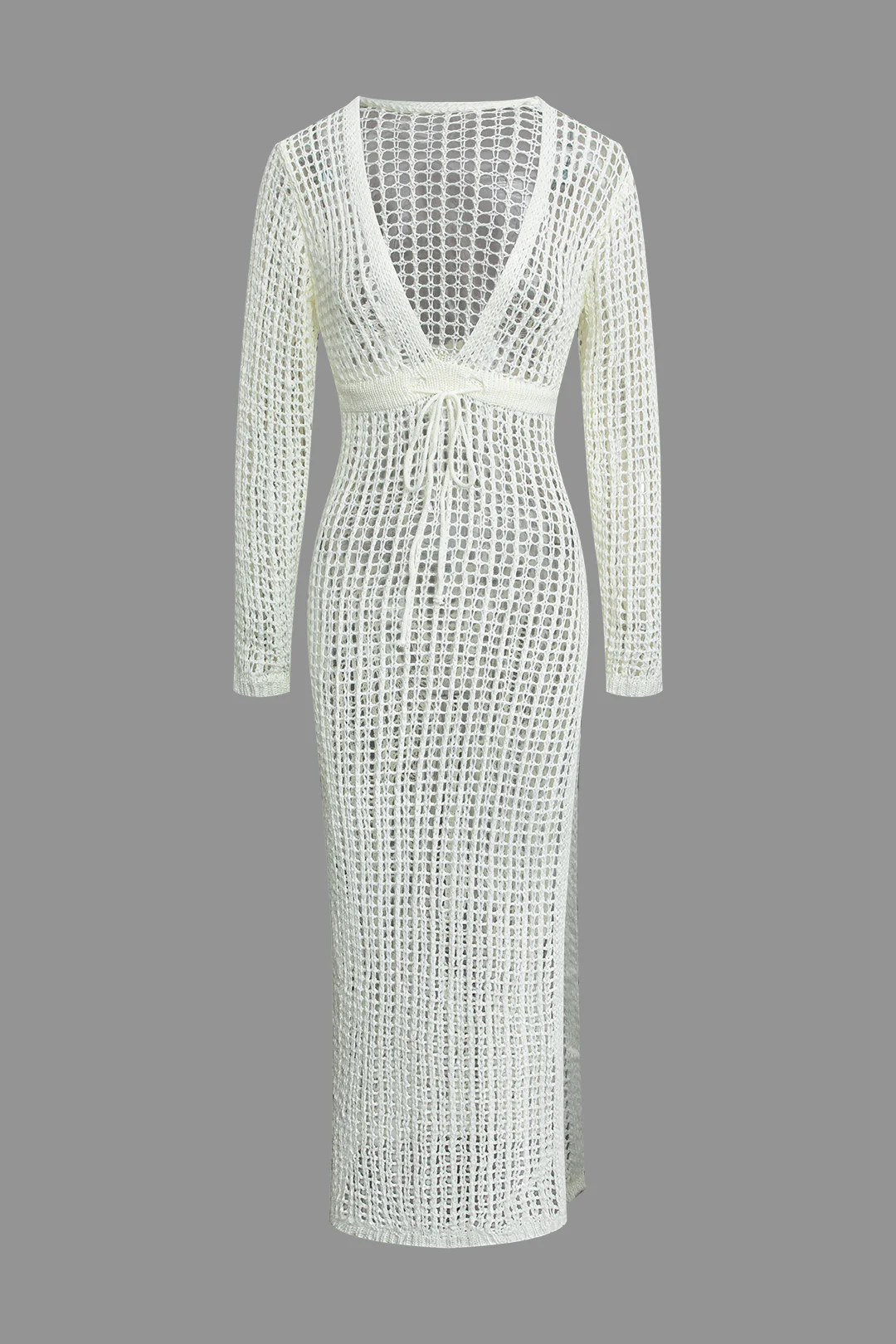 Knit V-Neck Cut Out Tie Up Long Sleeve Dress - Weenar