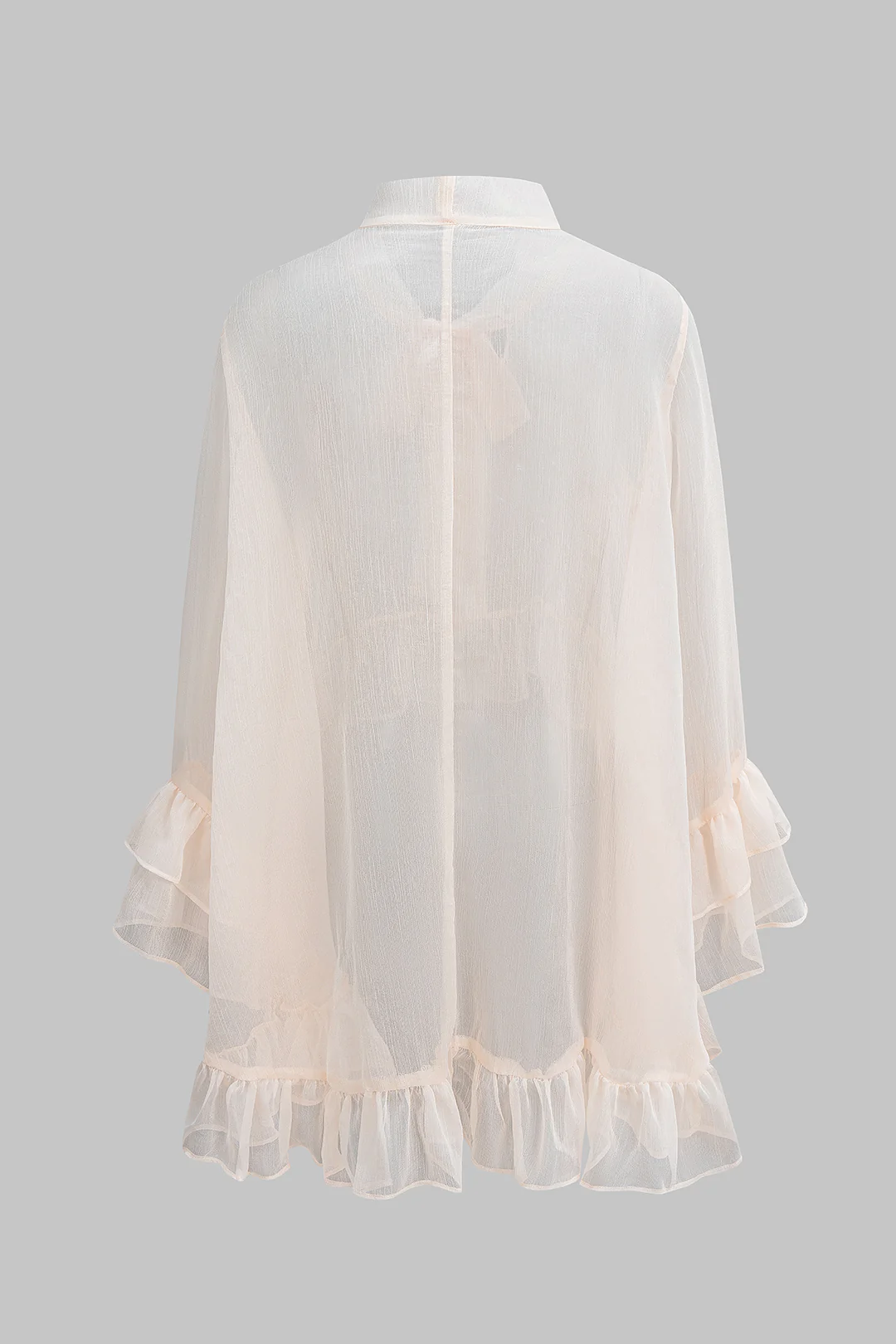 Sheer Ruffle Hem Strappy Long-Sleeve Shirt - Weenar