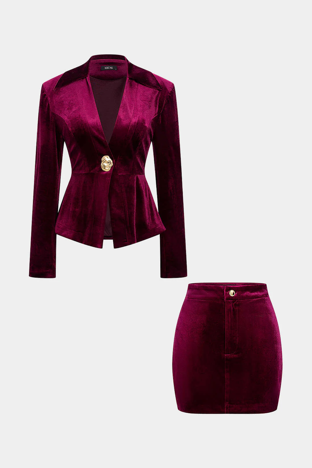 Metallic Button Zipper Shoulder Pads Long-Sleeve Top And Skirt Set - Weenar