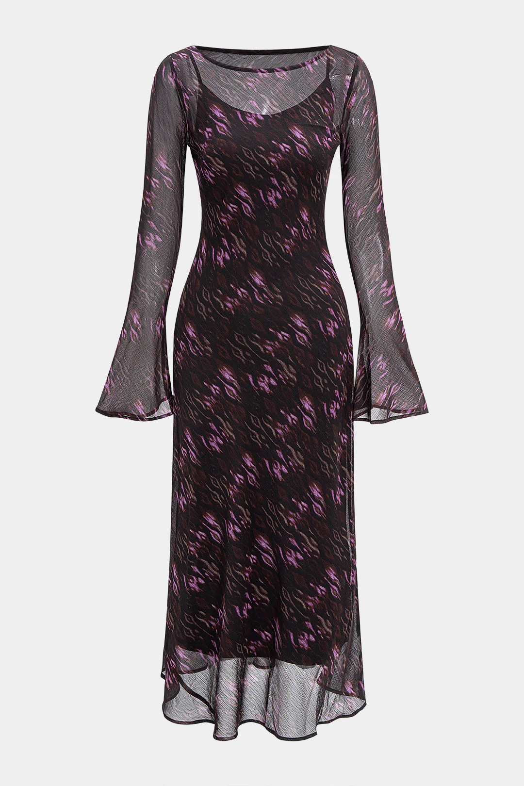 Abstract Leopard Print Chiffon Ruched Long Sleeve Maxi Dress - Weenar