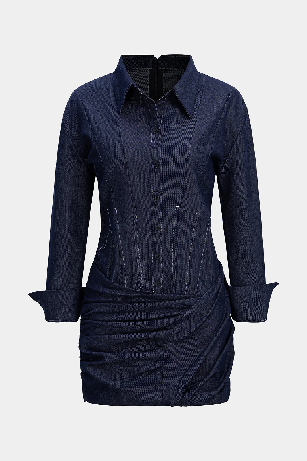 Denim Ruched Asymmetrical Long Sleeve Dress - Weenar