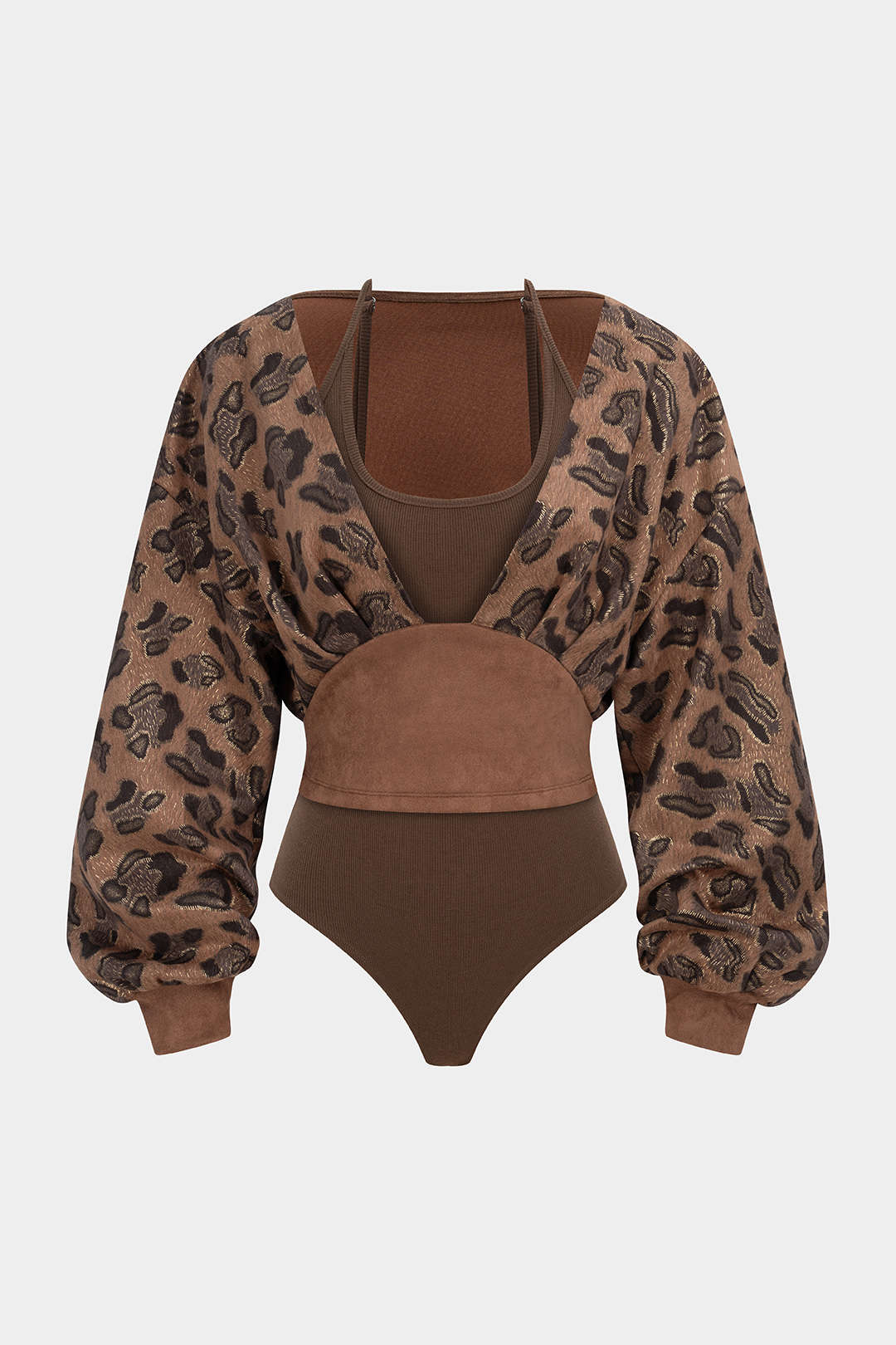 Leopard Print Suede Patchwork Halter Neck Long Sleeve Bodysuit - Weenar