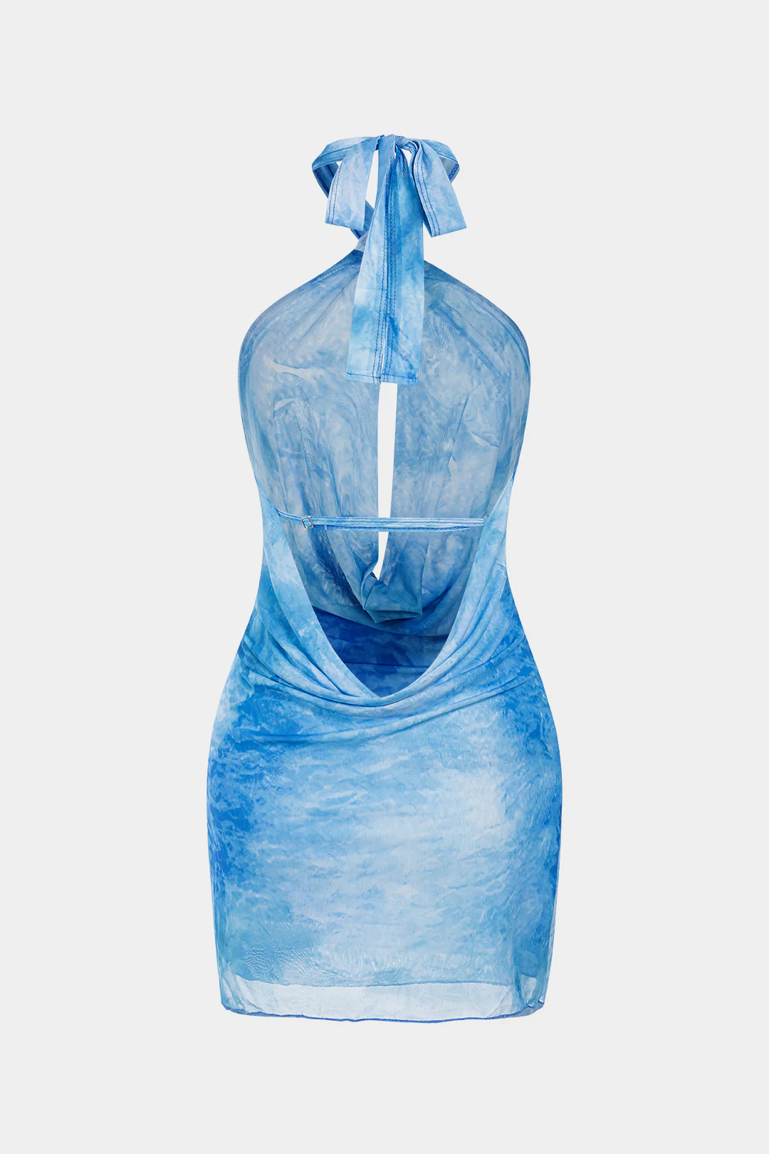 Tie Dye Print Mesh Halter Draped Cowl Neck Cut Out Backless Sleeveless Mini Dress - Weenar