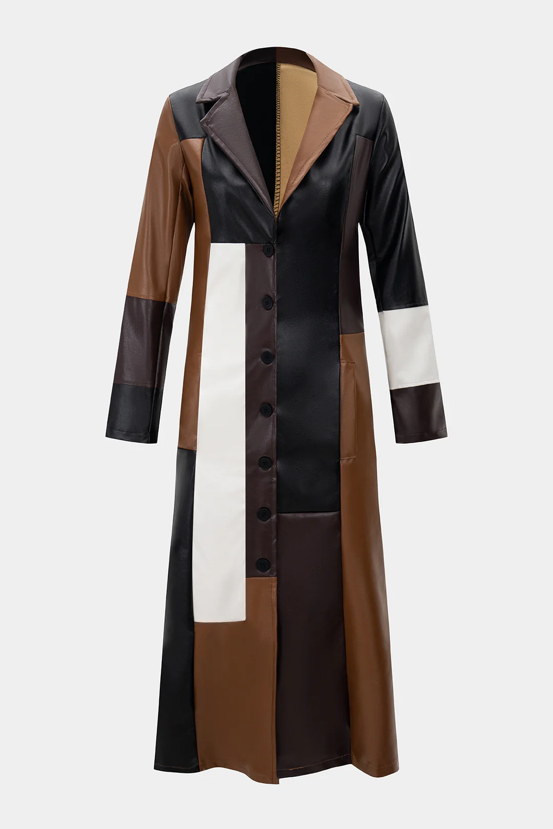 Faux Leather Contrast Notched Lapell Coat - Weenar
