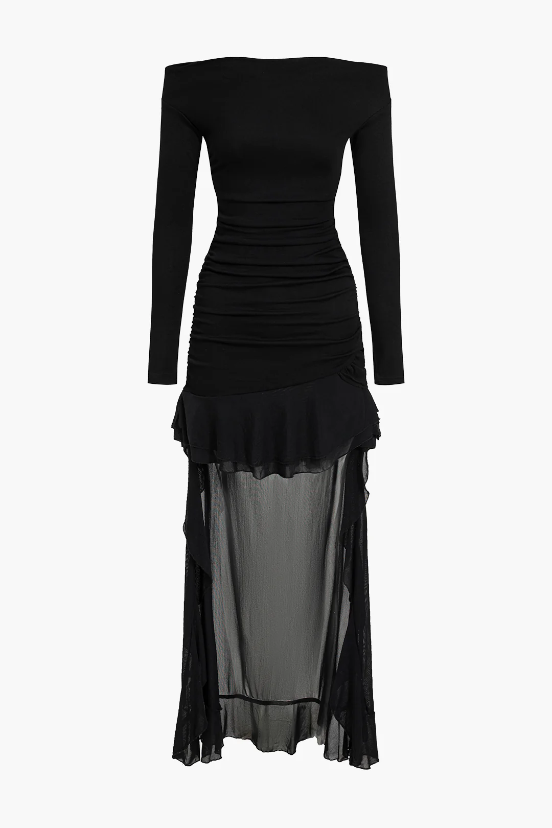 Off Shoulder Ruched Asymmetrical Ruffle Hem Long Sleeve Maxi Dress - Weenar
