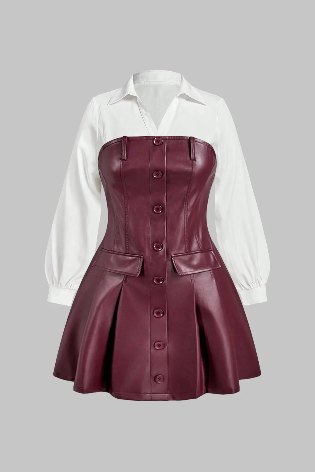 Plus Size Faux Leather Patchwork V-Neck Long Sleeve Mini Dress - Weenar
