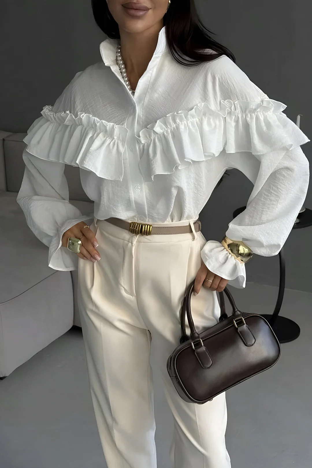 Solid Ruffle Long-Sleeve Shirt - Weenar