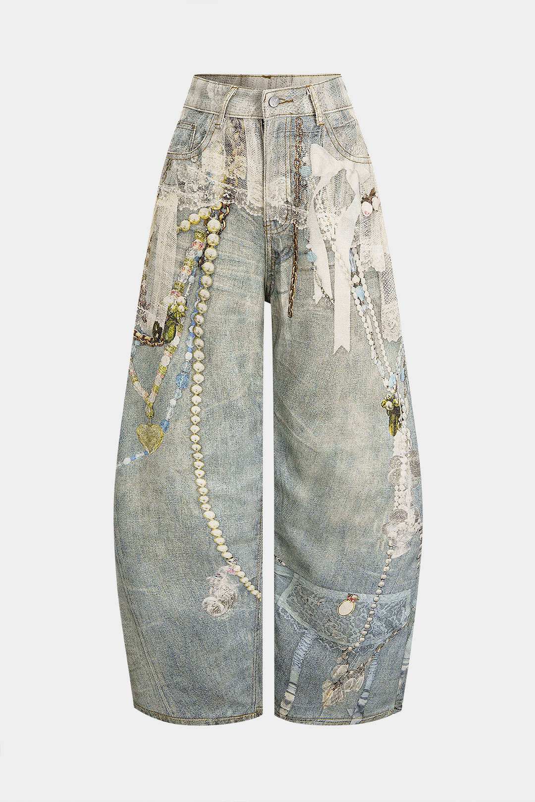 Denim Abstract Print Wide Leg Pants - Weenar