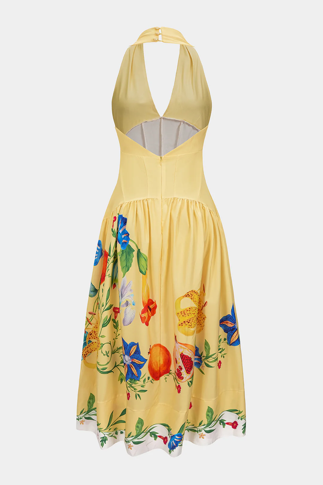 Floral Print Linen Patchwork Halter V-Neck Backless Sleeveless Maxi Dress - Weenar