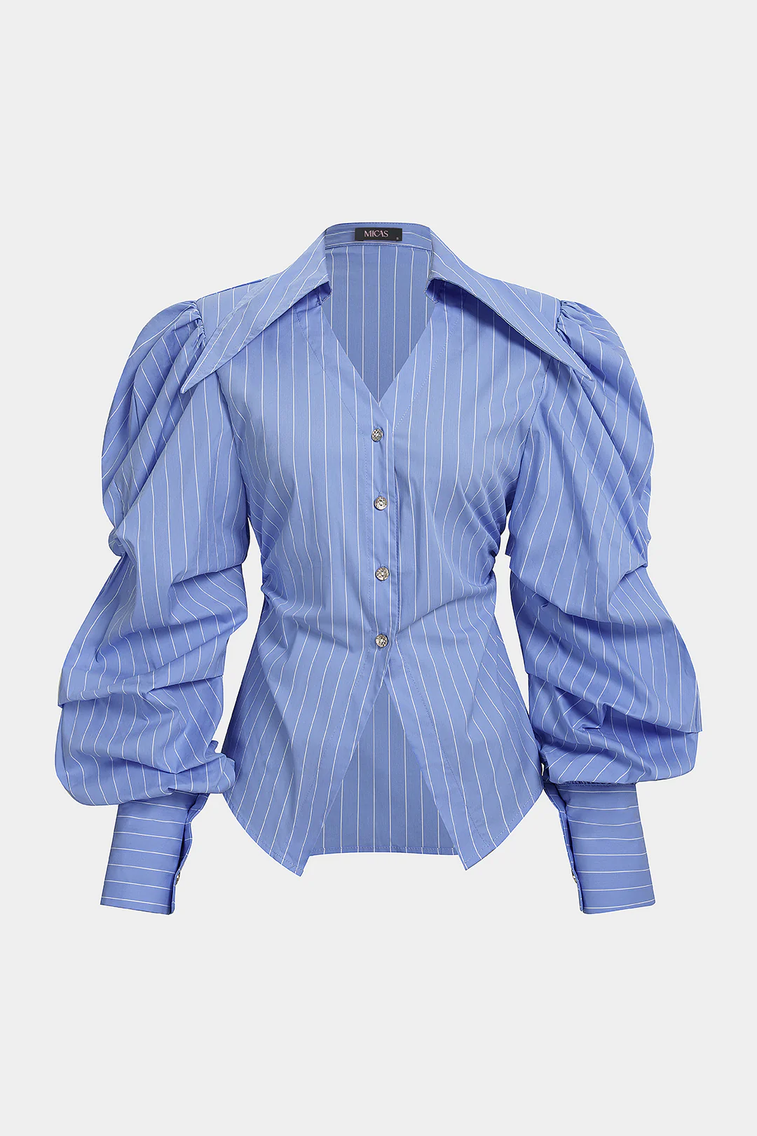 Striped V-Neck Ruched Button Long-Sleeve Top - Weenar