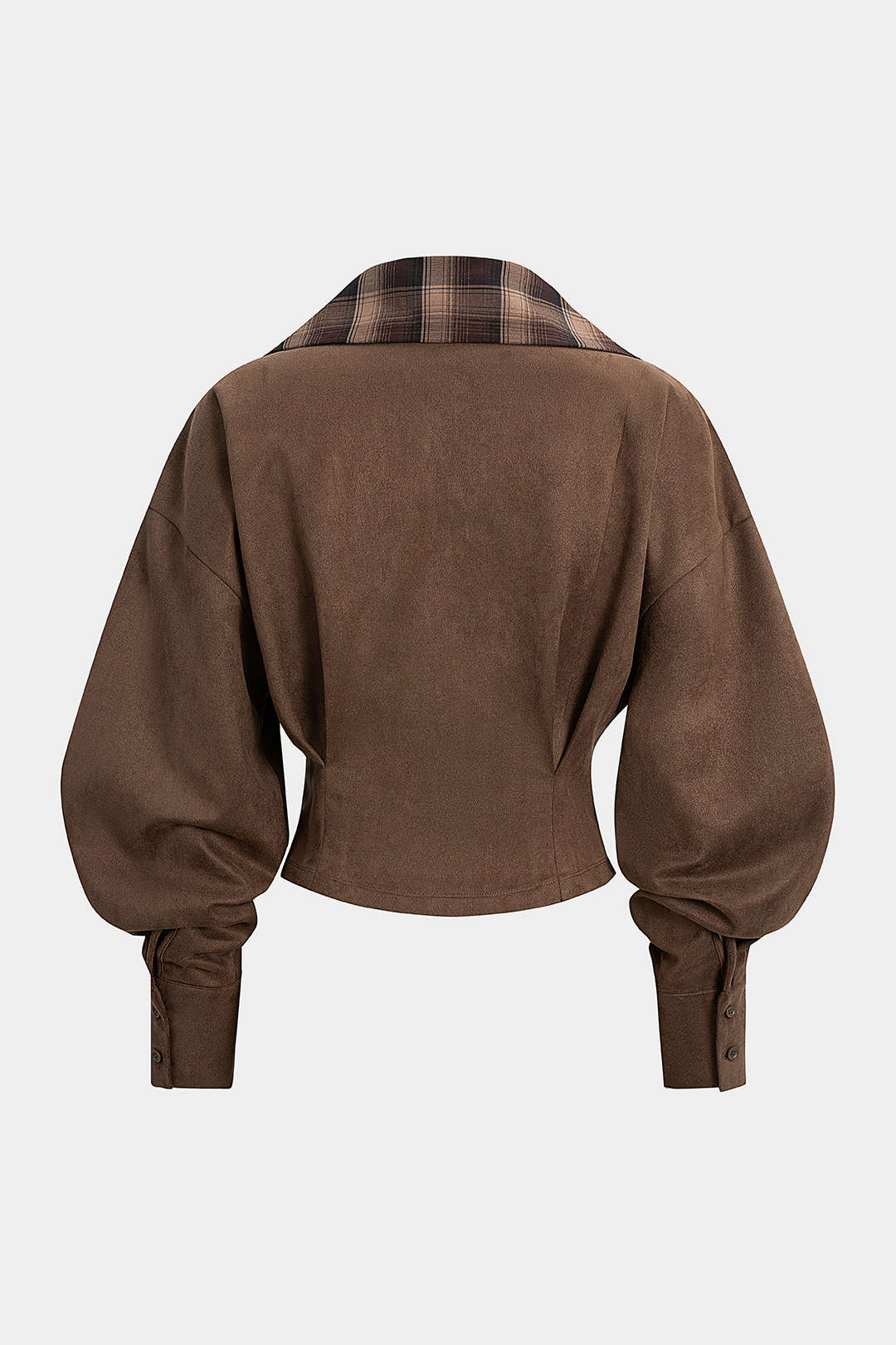 Suede Patchwork Notched Lapel Long-Sleeve Top - Weenar