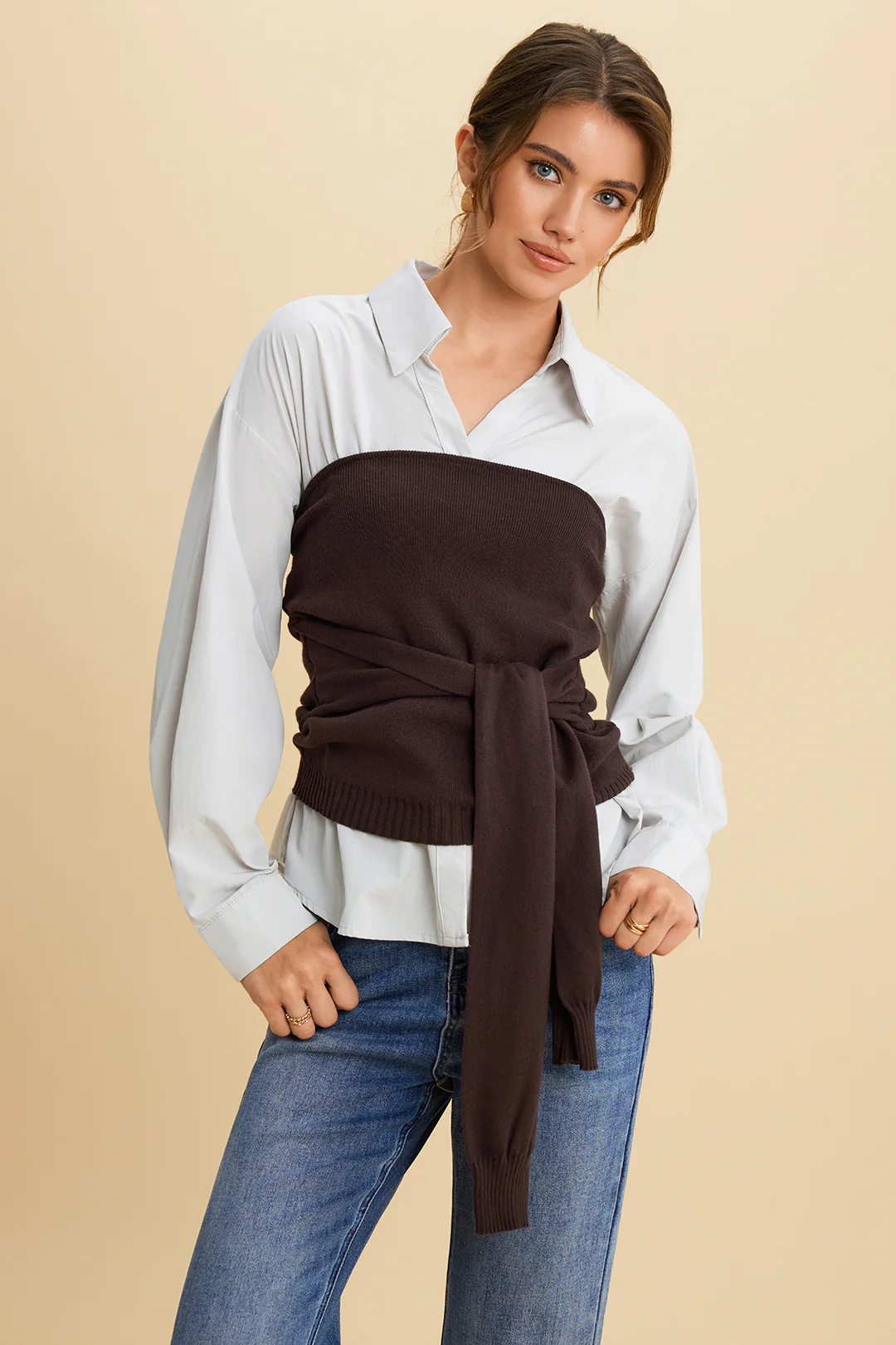 Solid Patchwork Knit Tie-Front Long-Sleeve Shirt - Weenar