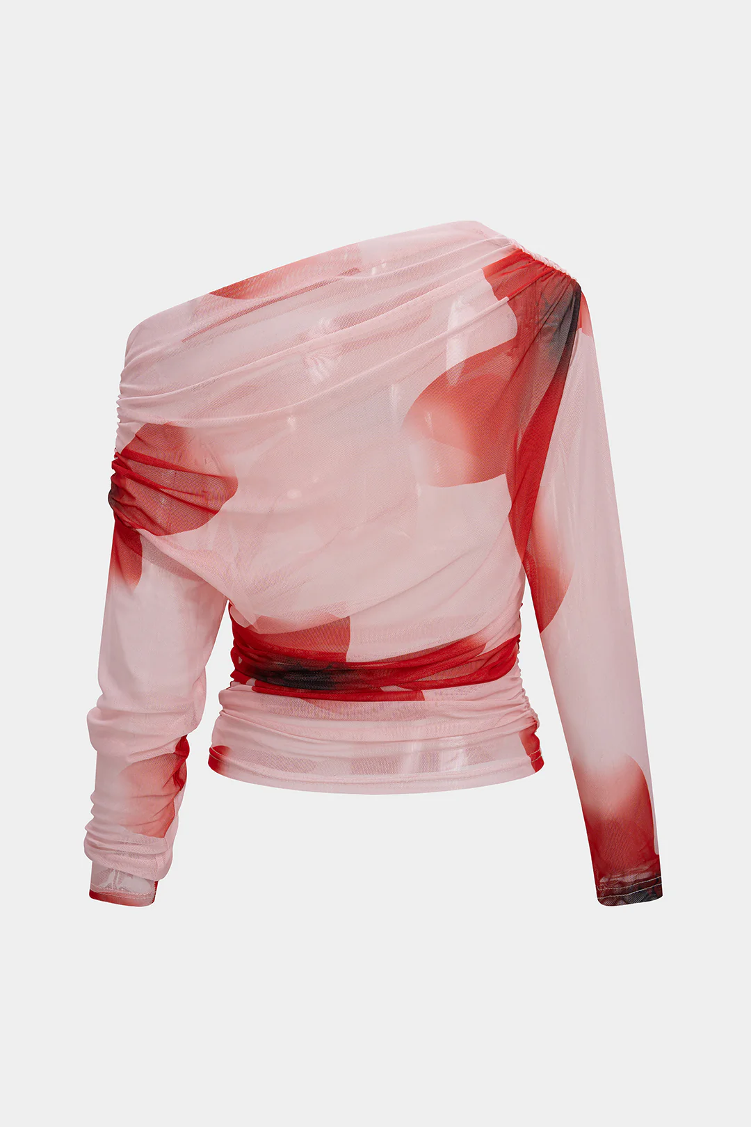 Floral Print Mesh One Shoulder Ruched Long-Sleeve Top - Weenar