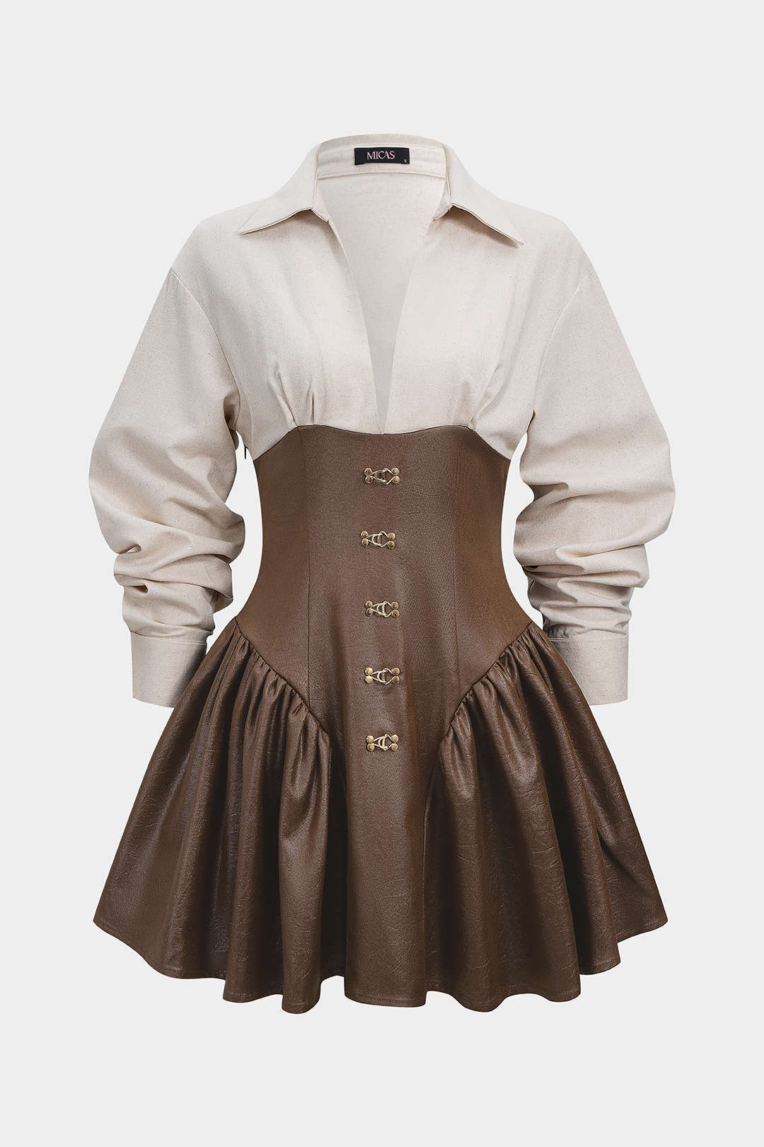 Faux Leather Patchwork Long Sleeve Mini Dress - Weenar