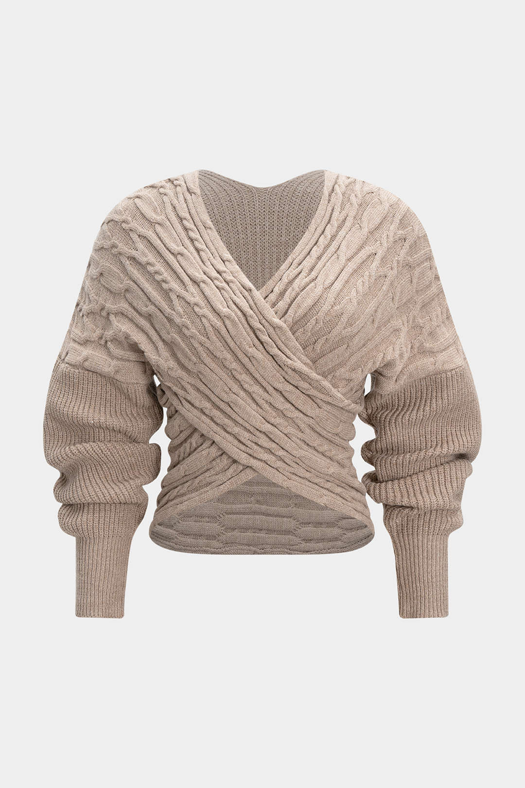 Cable Knit Crossed V-Neck Long-Sleeve Top - Weenar