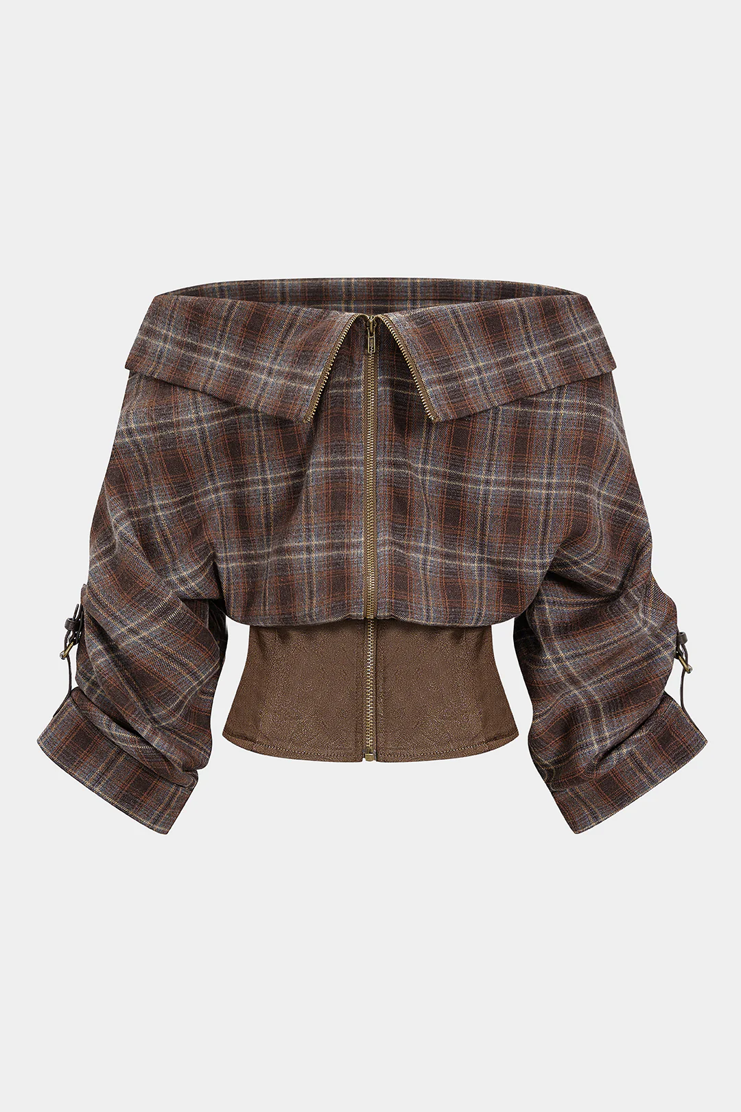 Plaid Print Satin Patchwork Off Shoulder Zipper Long-Sleeve Shirt - Weenar