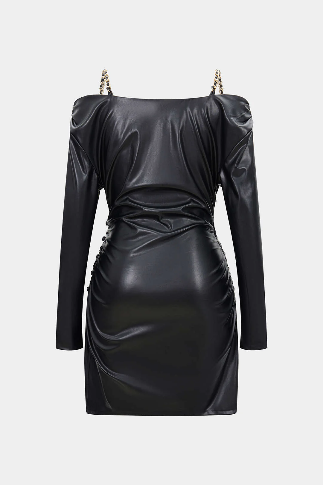 Faux Leather Chain Off Shoulder Long Sleeve Mini Dress - Weenar