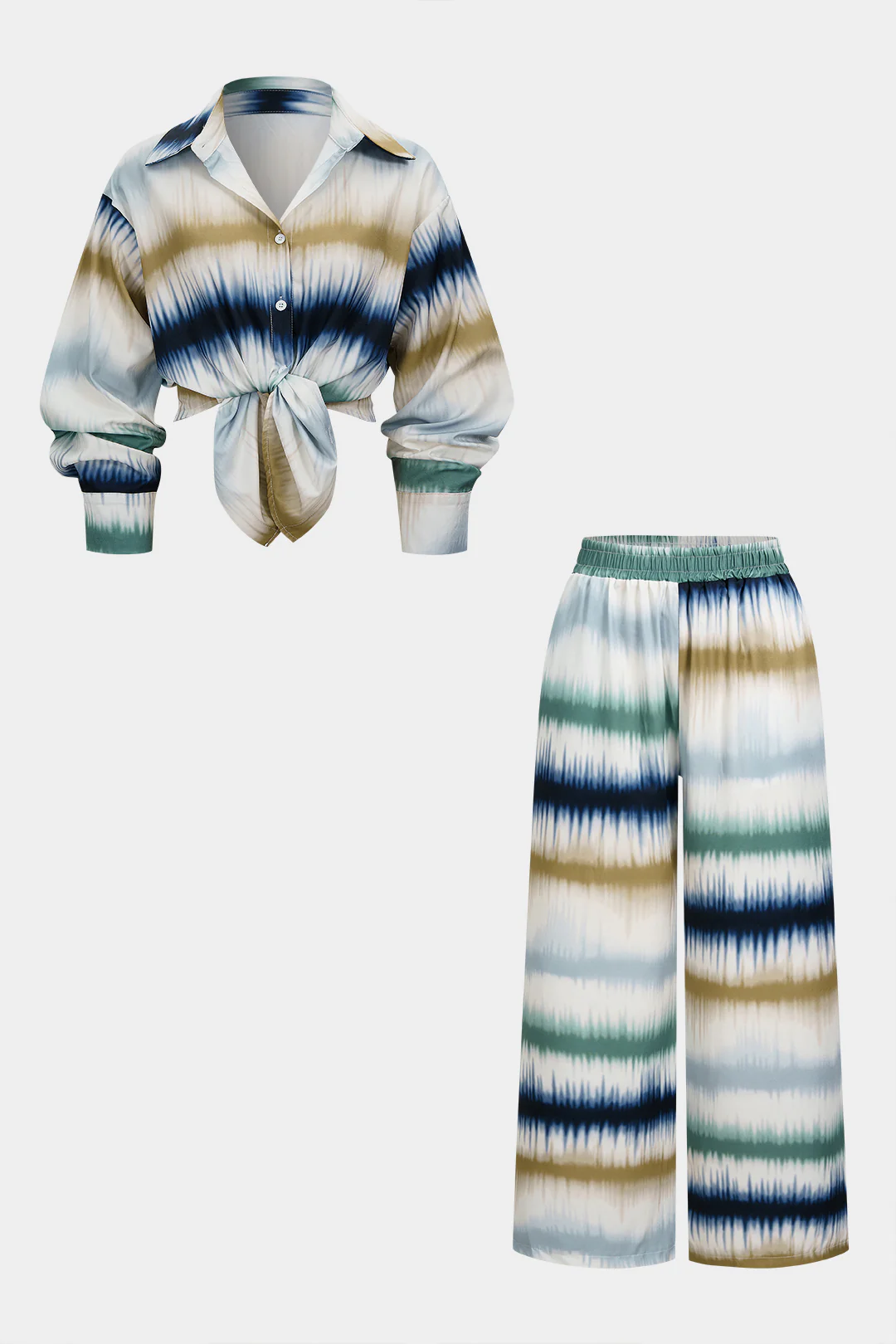 Plus Size Contrast Tie Dye Print Button Long Sleeve Shirt And Shirred Waistband Pants Set - Weenar