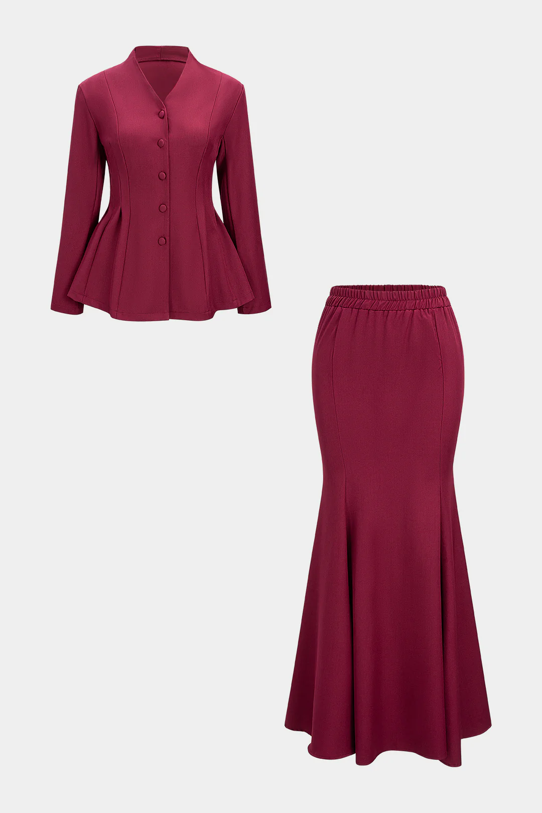 V-Neck Long-Sleeve Top And Shirred Waistband Mermaid Skirt Set - Weenar