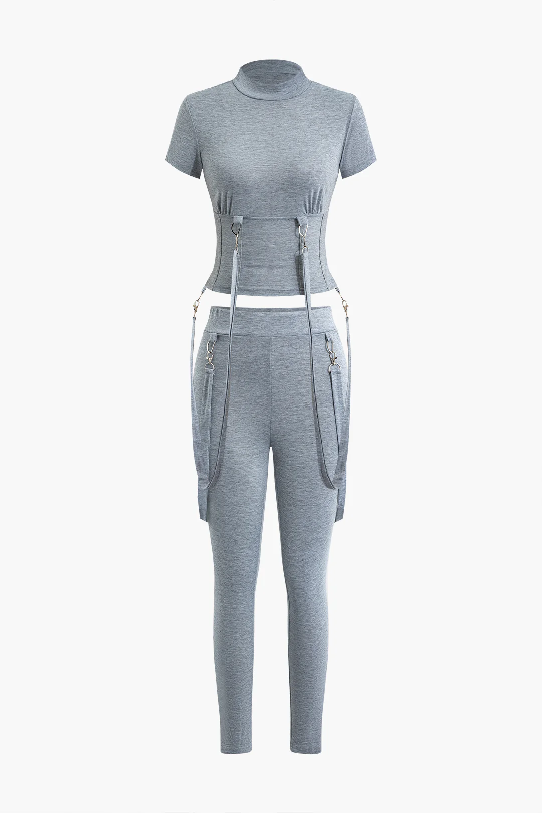 Solid Buckle Mock Neck Short Sleeves Top And Pants Set - Weenar