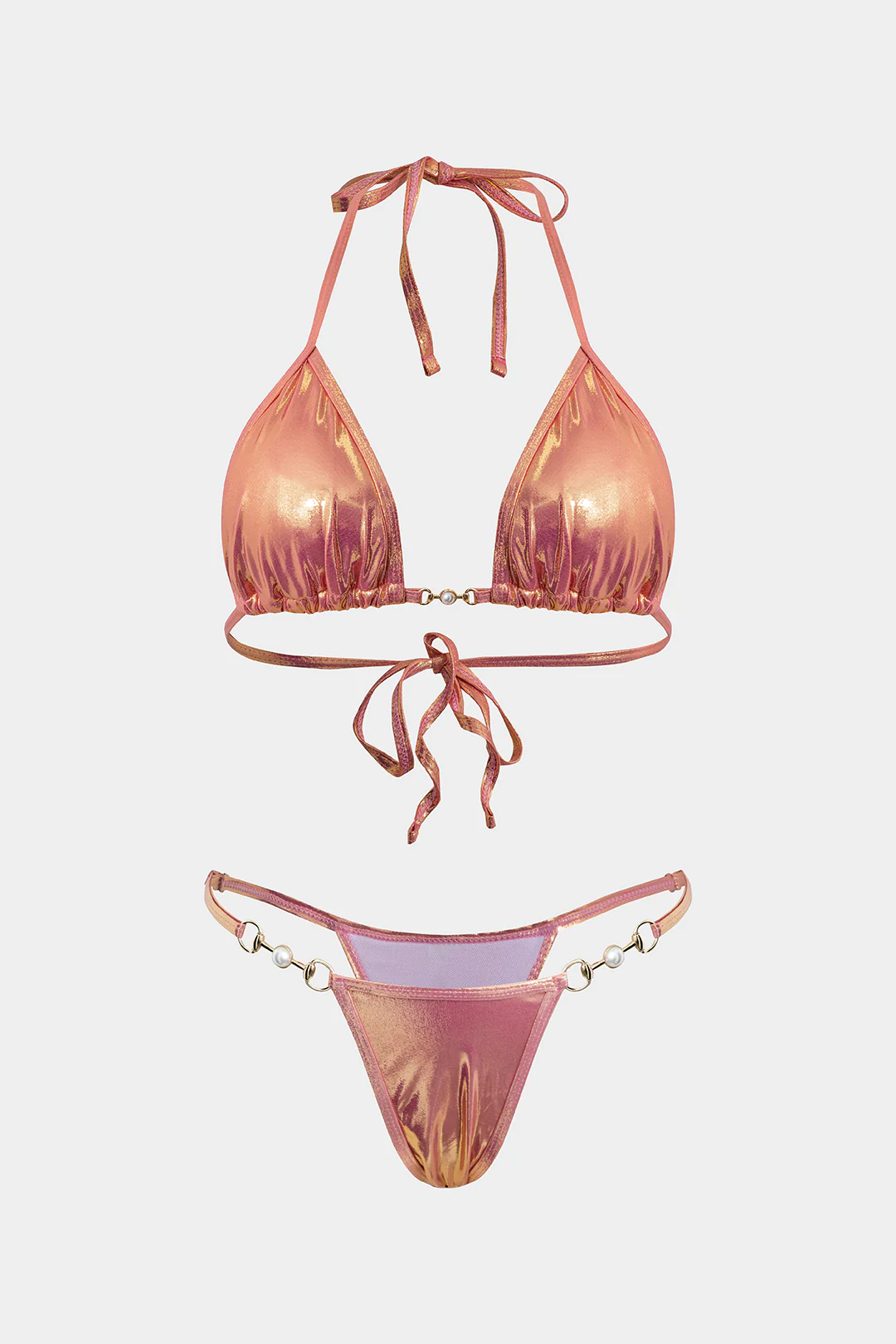 Halter Neck Tie-Up Pearl Chain Bikini Set - Weenar