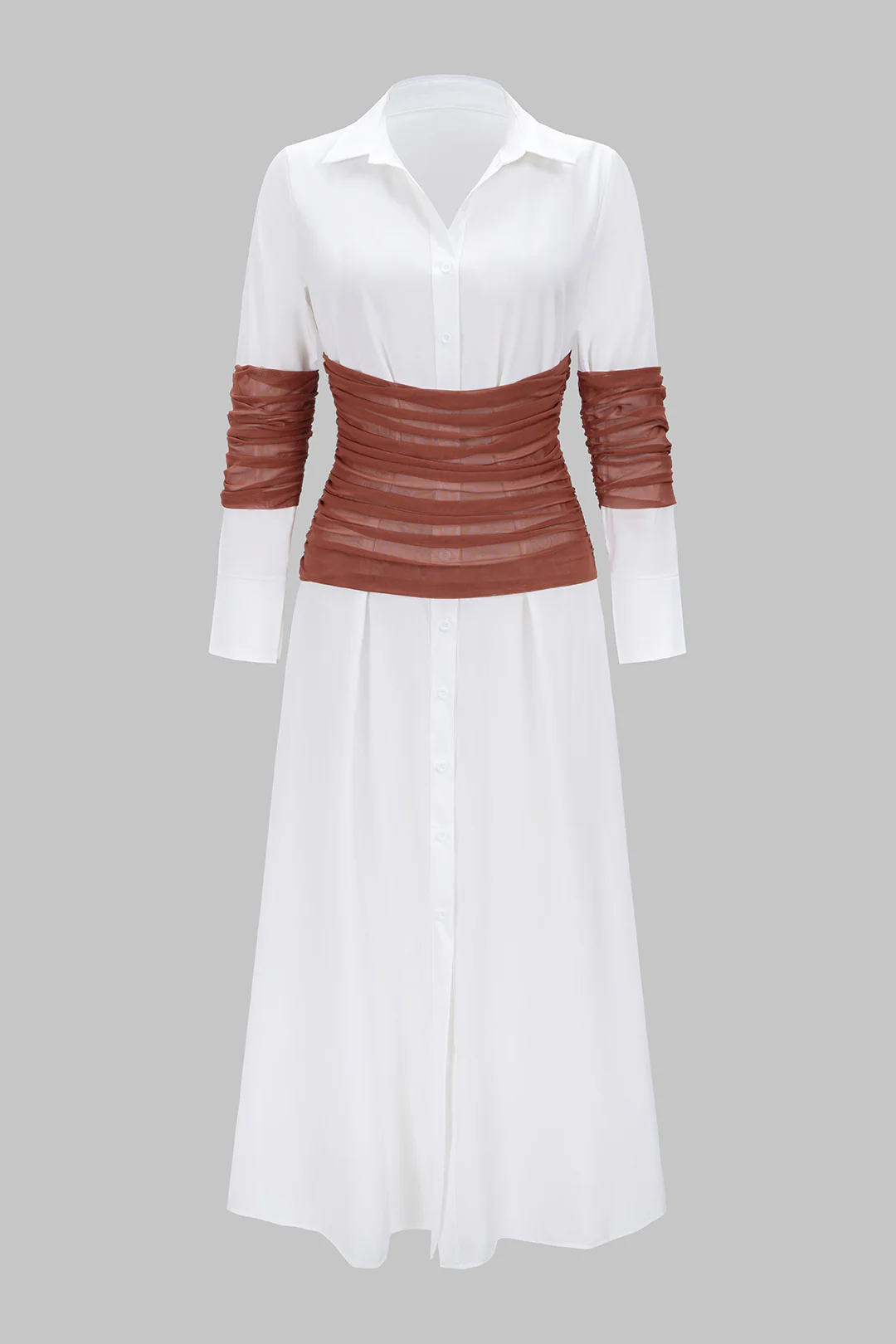 Patchwork Mesh Ruched Lapel Long Sleeve Midi Dress - Weenar