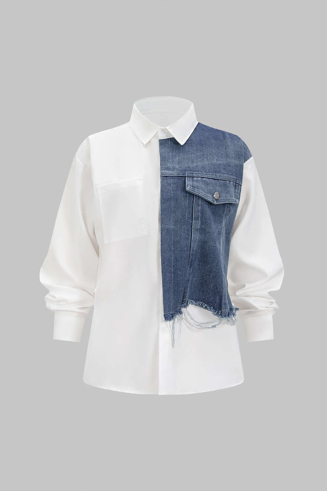 Denim Patchwork Frayed Asymmetrical Pocket Long-Sleeve Shirt - Weenar