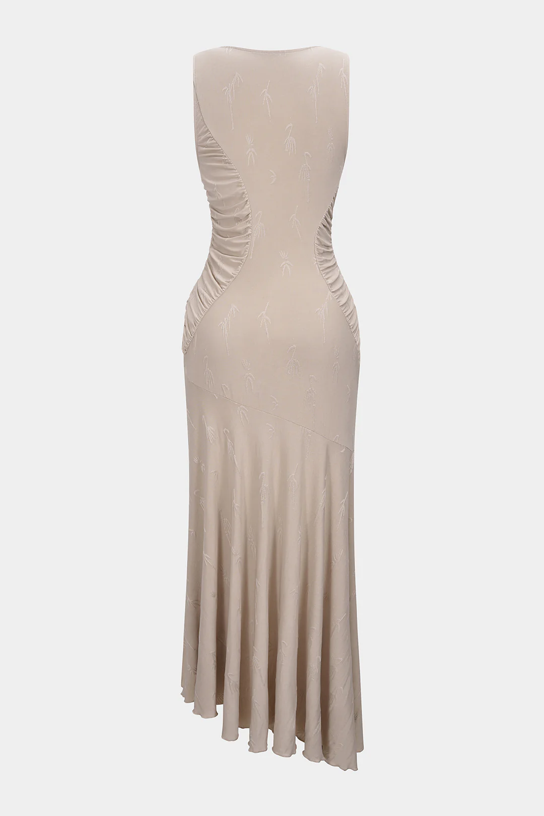 Flamingo Print Jacquard Ruched Asymmetrical Sleeveless Midi Dress - Weenar