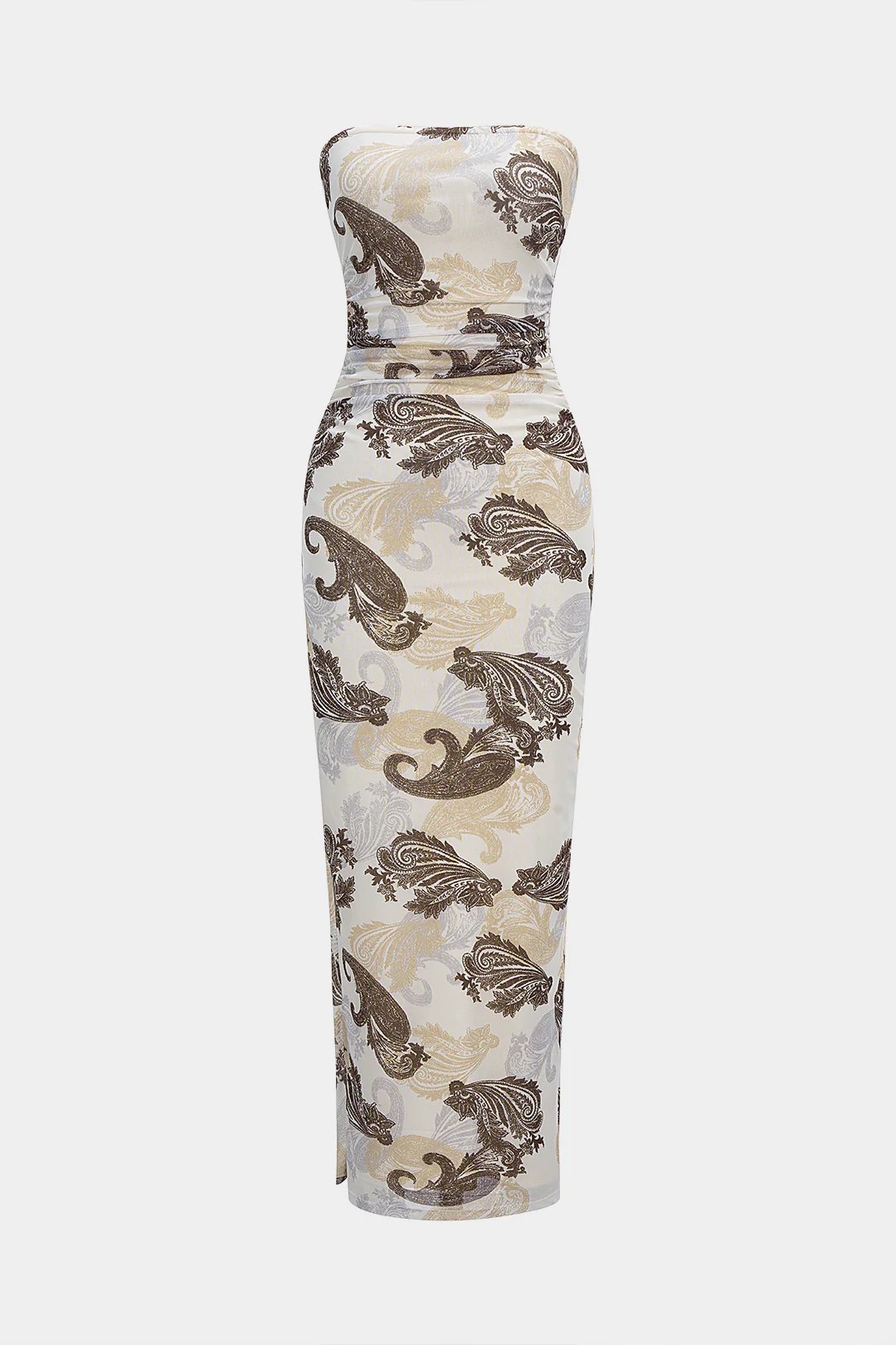 Paisley Print Mesh Ruched Strapless Sleeveless Maxi Dress - Weenar