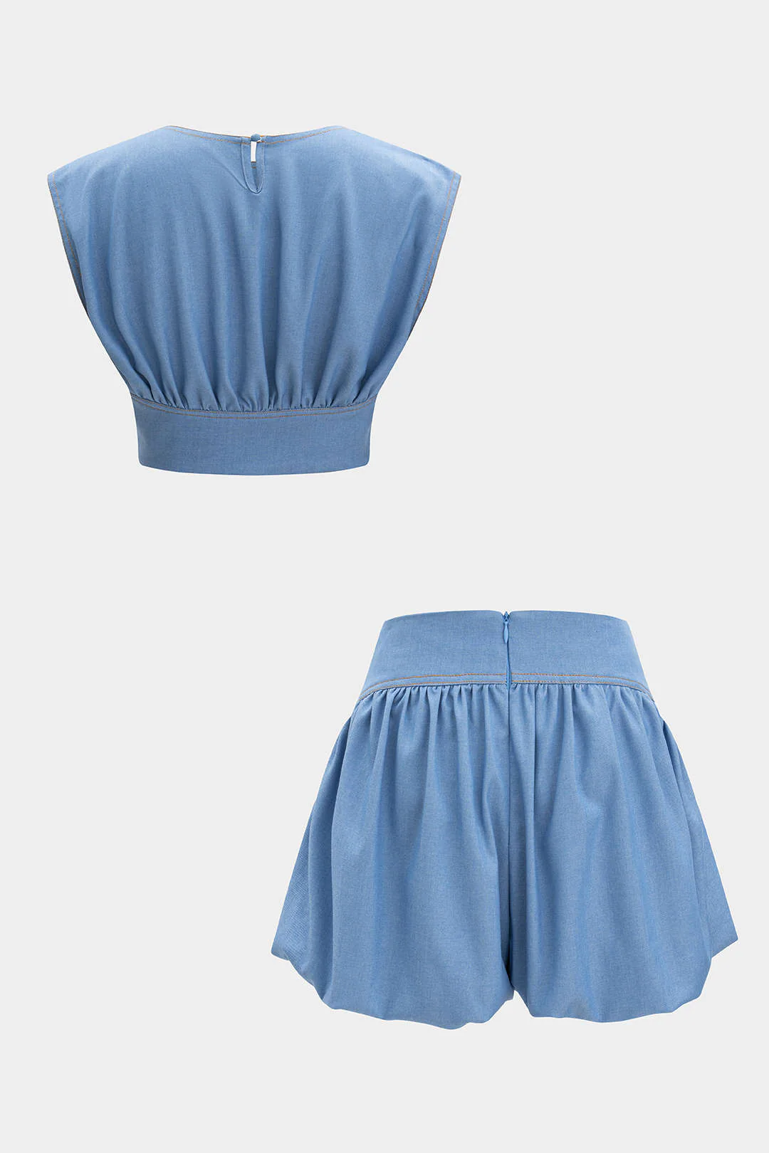 Denim Ruched Tank Top And Zipper Detail Shorts Set - Weenar