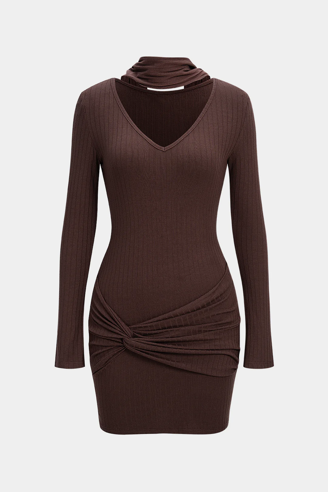 Twist Knot V-Neck Long Sleeve Mini Dress With Scarf - Weenar