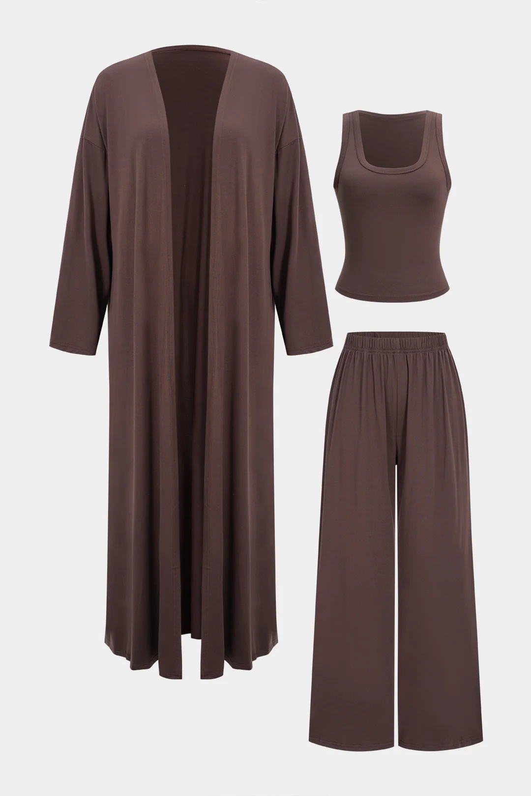 Knit Basic Tank Top And Long Cardigan And Wide Leg Trousers Set - Weenar