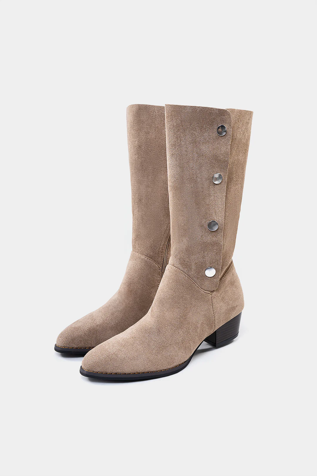 Suede Metallic Button Pointed Mid Calf Boots - Weenar