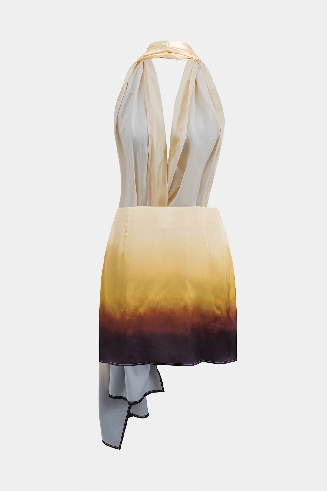 Ombre Print Satin Ruched Asymmetrical Backless Halter Two-Piece Mini Dress - Weenar