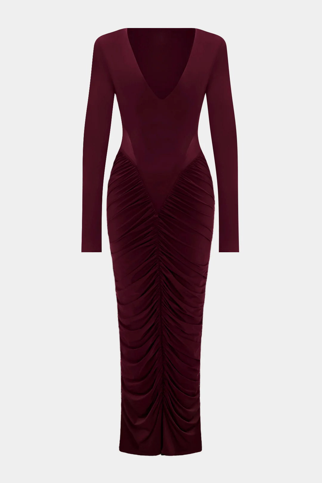 Patchwork Mesh Ruched V-Neck Long Sleeve Maxi Dress - Weenar