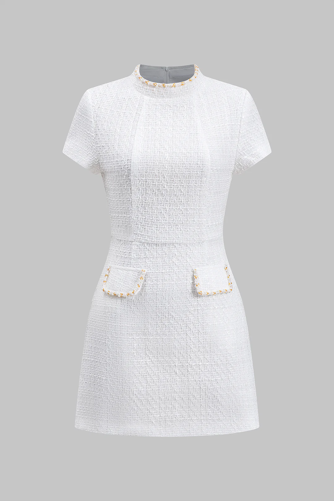 Bead Fake Pocket Zippper Short Sleeve Mini Dress - Weenar