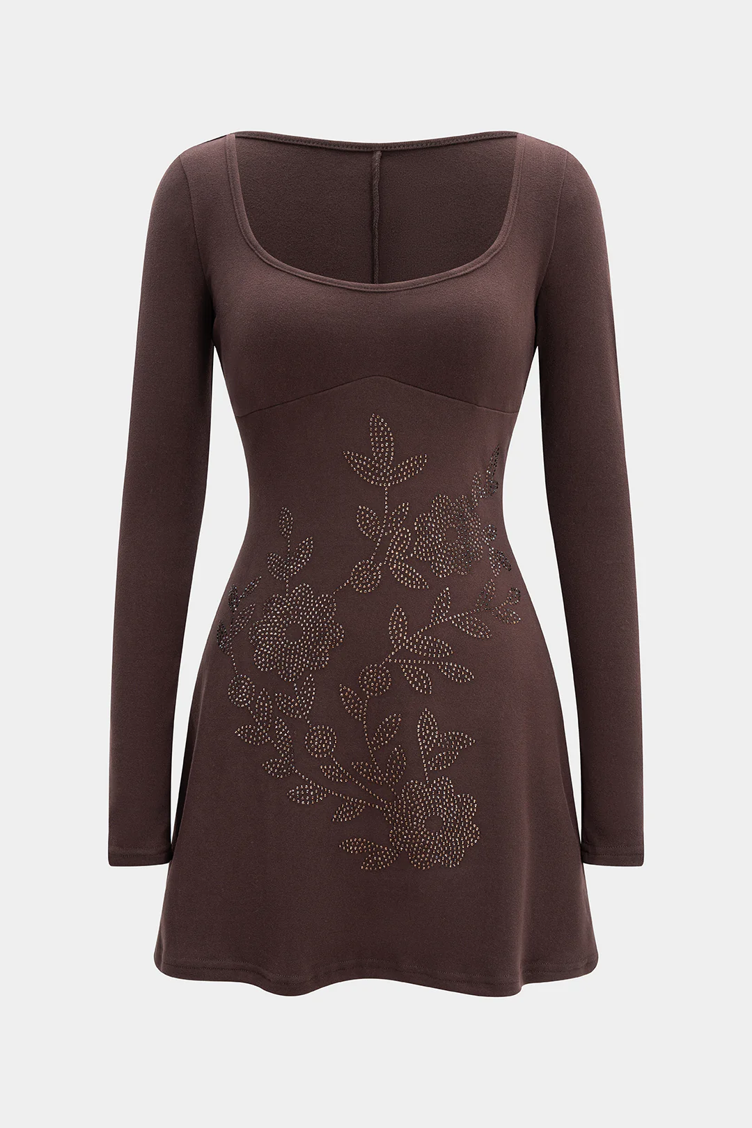 Floral Rhinestone Print Long Sleeve Mini Dress - Weenar
