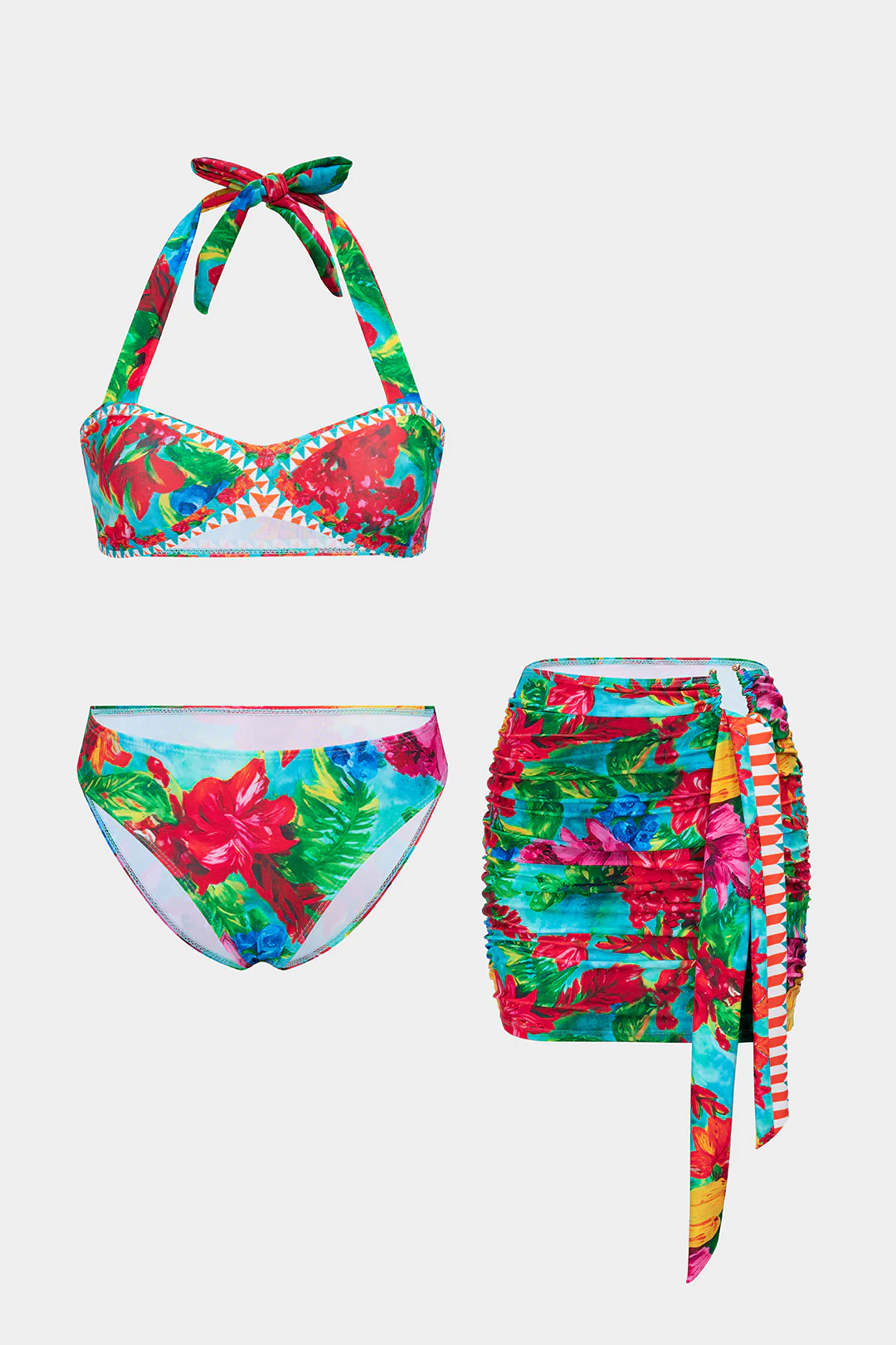 Floral Print Halter Tie-Up Ruched Bikini Set - Weenar