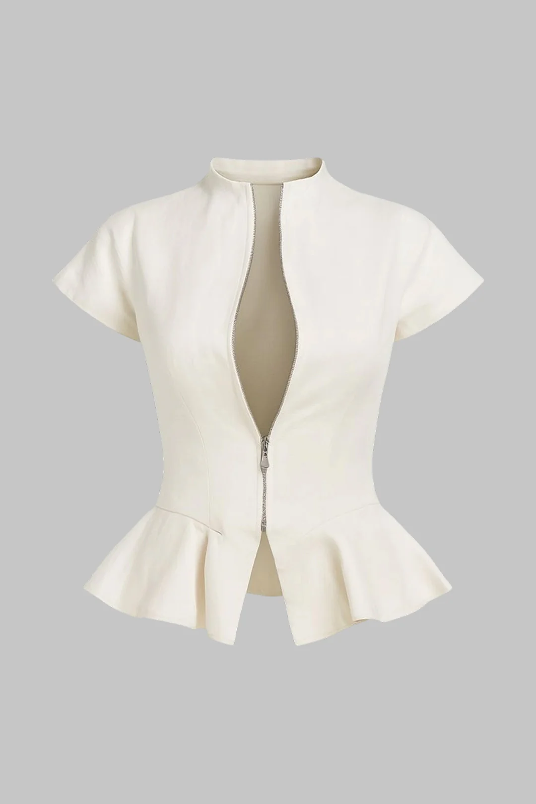 Mock Neck Ruffle Hem Zipper Short-Sleeve Shirt - Weenar