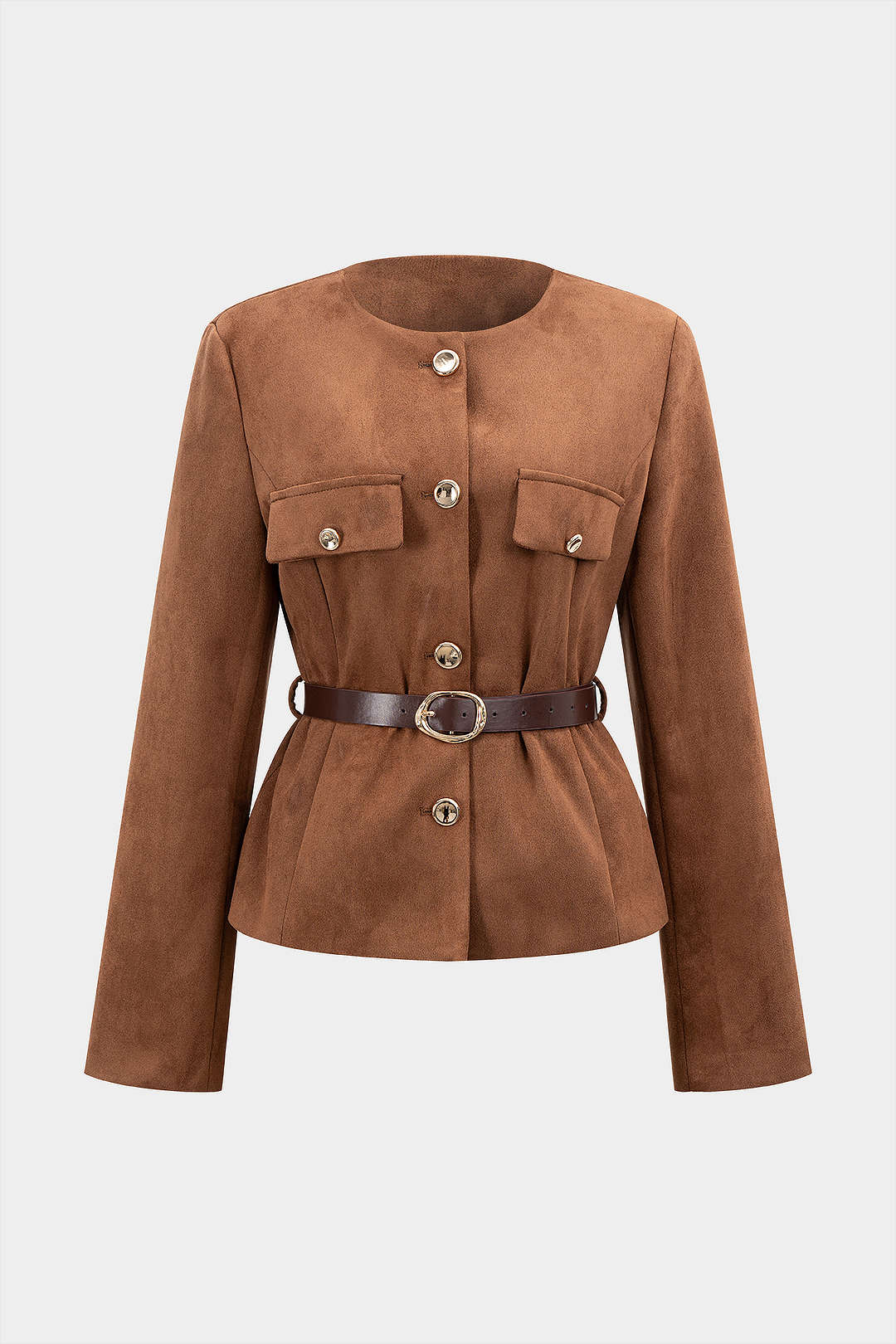 Suede Metallic Button Belted Jacket - Weenar