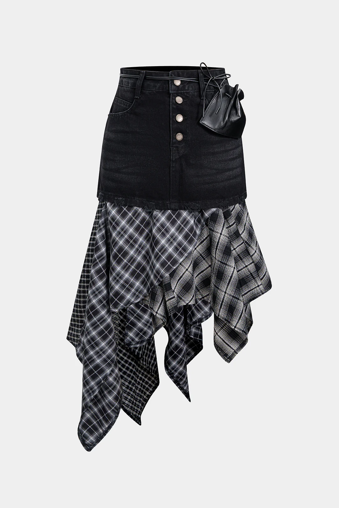 Denim Plaid Print Patchwork Irregular Hem Skirt - Weenar