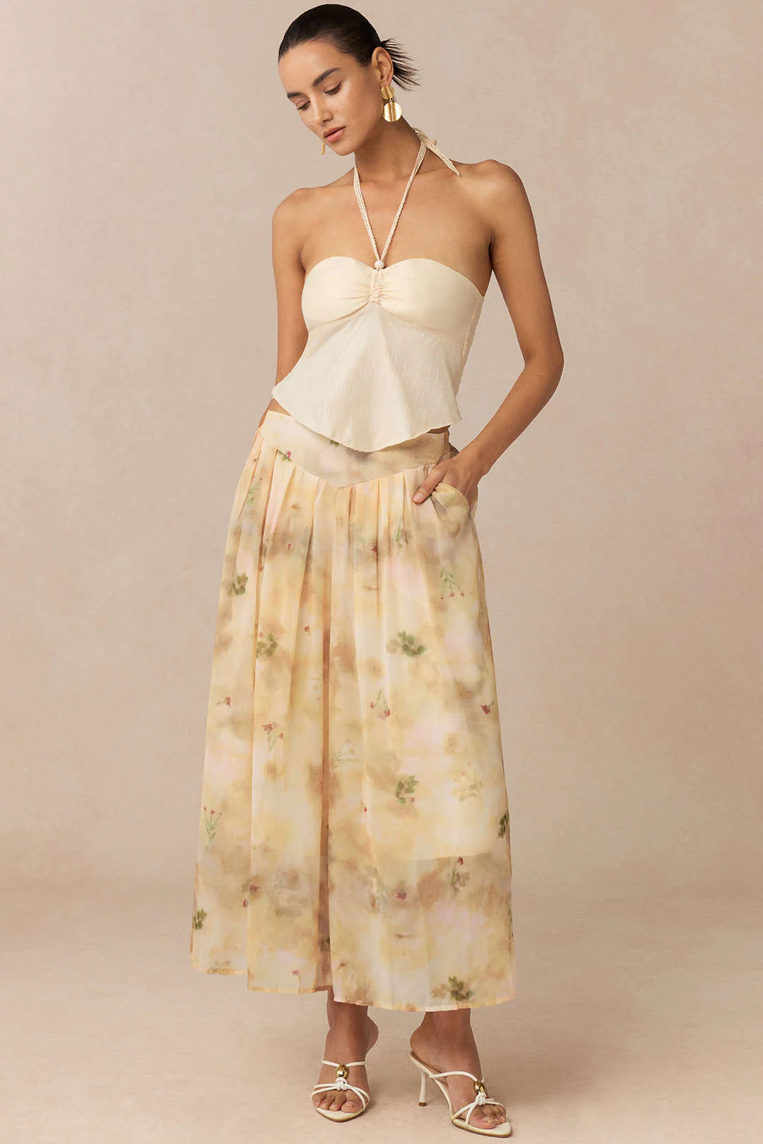 Halter Neck Tie Back Cami Top And Floral Print Wide Leg Pants - Weenar