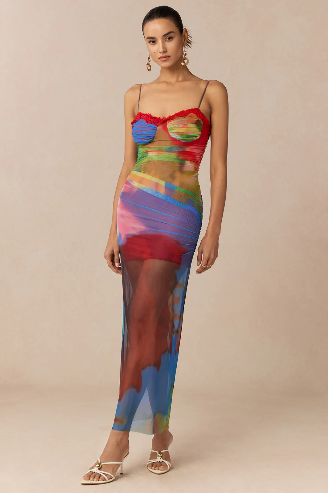 Multicolor Abstract Print Mesh Patchwork Lace Trim Asymmetrical Ruched Sleeveless Maxi Dress - Weenar