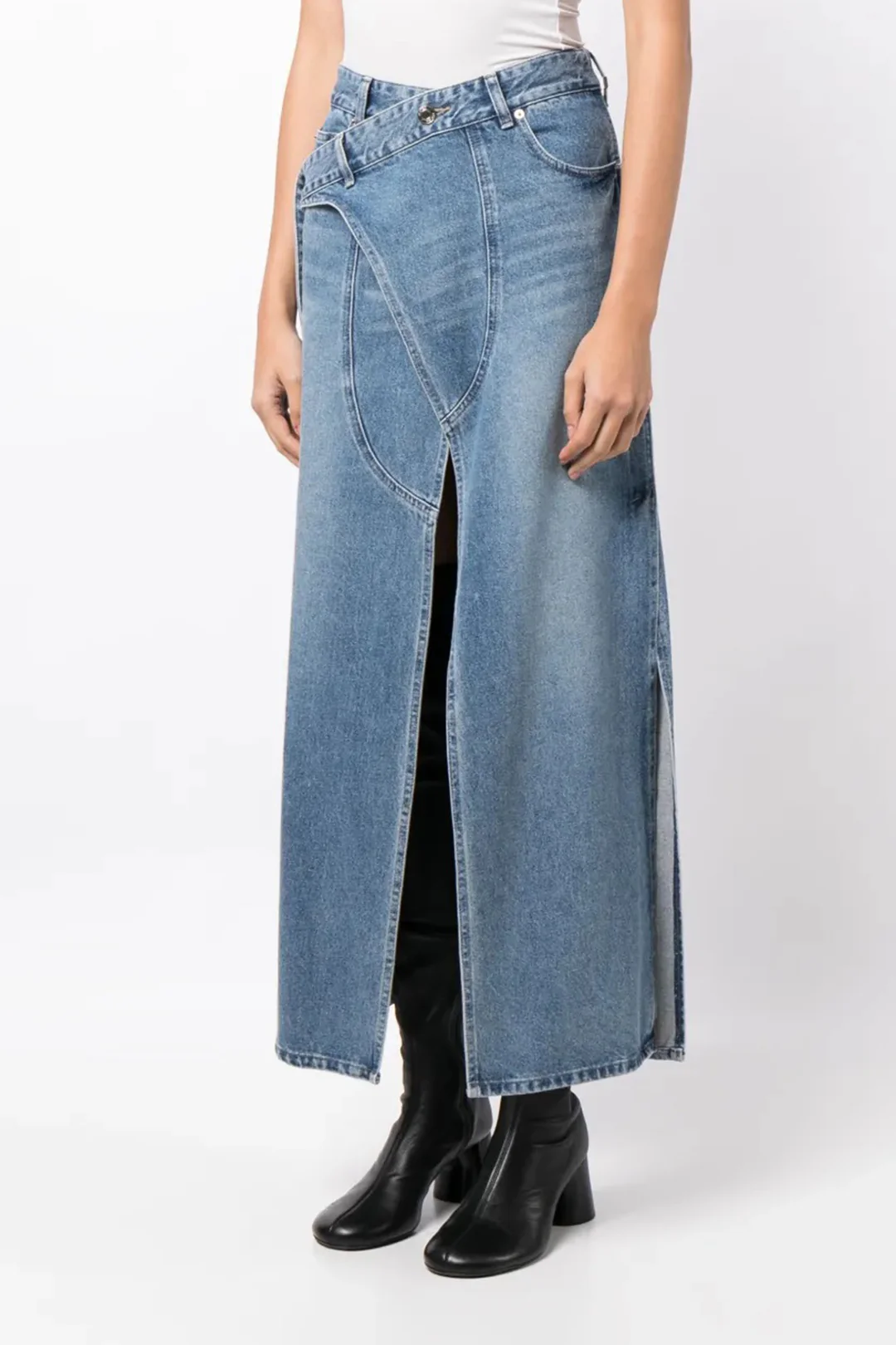 Denim High Waist Washed Asymmetrical Side Slit Skirt - Weenar