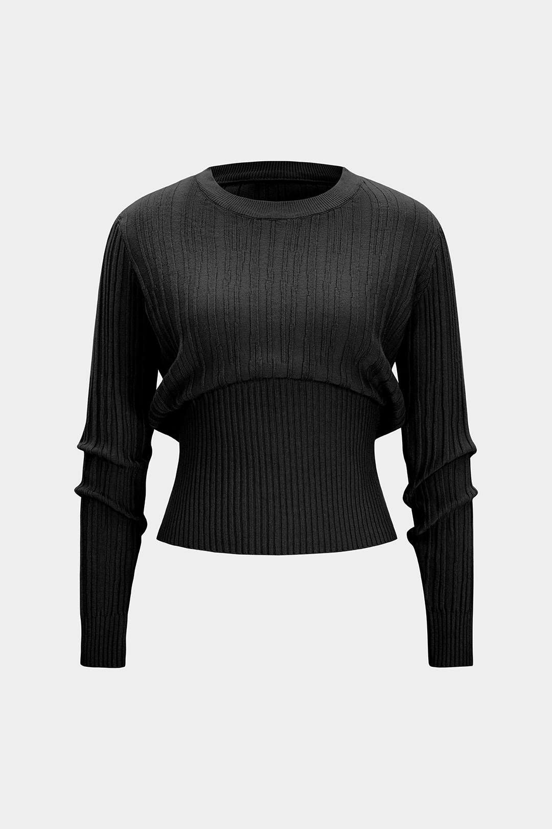 Knit Round Neck Waist-Cinching Long-Sleeve Top - Weenar