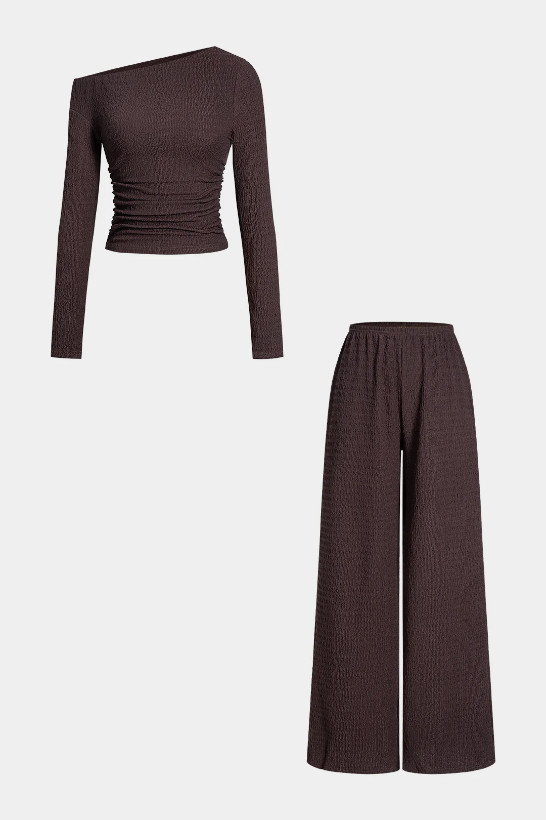 Asymmetrical Neck Long-Sleeve Top And Pants Set - Weenar